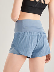 False Two Wrap Yoga Bottoms High-Waisted Pockets Solid Color Shorts