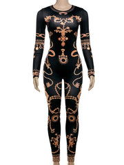 Long Sleeves Skinny Contrast Color Printed Round-Neck Jumpsuits