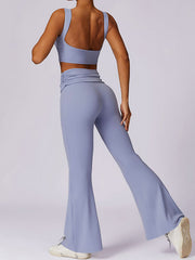 Skinny Sleeveless Backless Pleated Solid Color Round-Neck Tank&Pants Suits