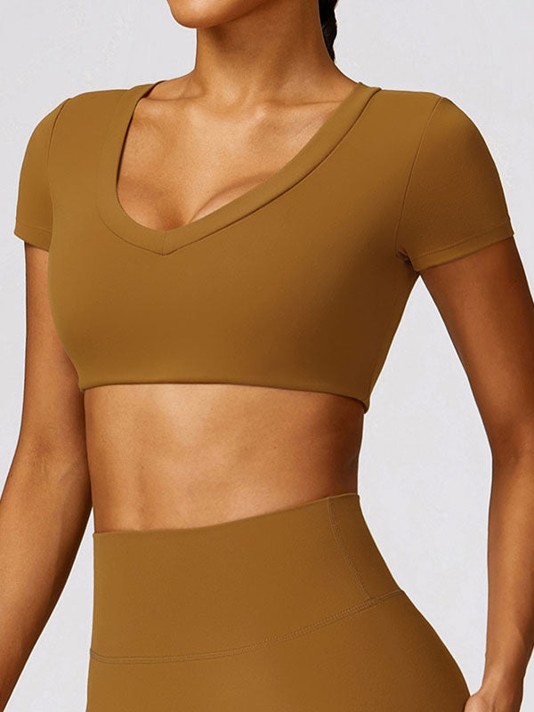 Long Sleeves Wrap Solid Color V-Neck Yoga Tops