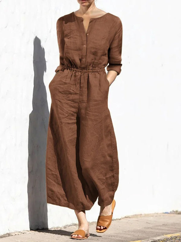 Round Neck Cotton And Linen Solid Color Long-Sleeved Jumpsuit