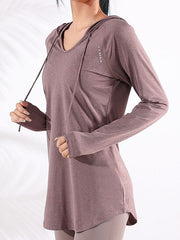 Long Sleeves Loose Yoga Tops Hooded Solid Color V-Neck Tee