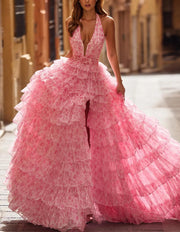 High-Grade Light Yarn Backless Ruffle Sleeveless Slim Fit Irregular Dress