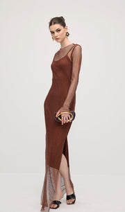 Mesh With Monochrome Lining  Maxi Dress In Coffee