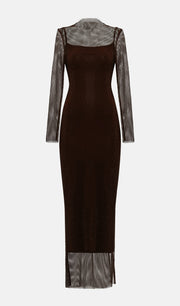 Mesh With Monochrome Lining  Maxi Dress In Coffee