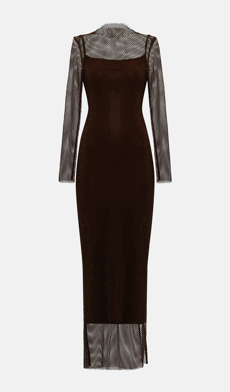 Mesh With Monochrome Lining  Maxi Dress In Coffee