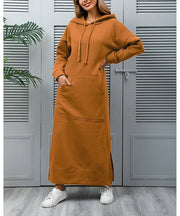 Autumn Winter New Loose Velvet Casual Fashion Big Pocket Knitted Hooded Maxi Dress