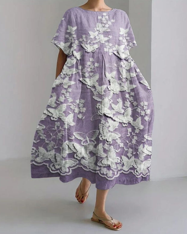 Lace Flower Print Loose Short Sleeve Cotton Linen Dress