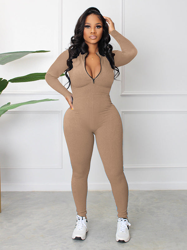 Skinny Solid Color Zipper Jumpsuits