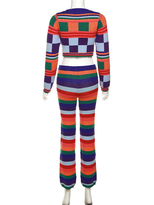 Cropped Long Sleeves Multi-Colored Round-Neck Suits