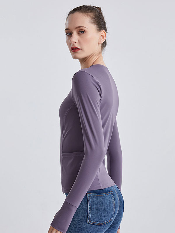 Long Sleeves Wrap Pockets Solid Color Round-Neck Yoga Tops