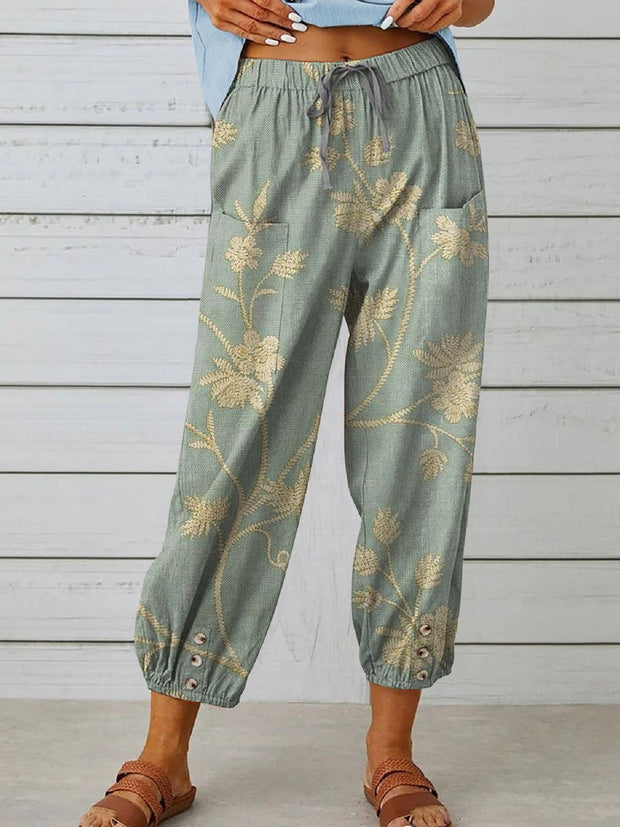 Women's Retro Elegant Floral Art Printed Cotton And Linen Casual Pants