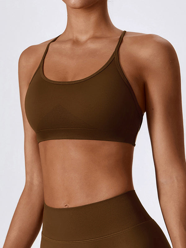 Wrap Back Cross Hollow Solid Color U-Neck Sports Bra