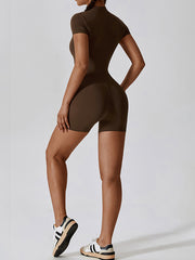 Wrap Solid Color Zipper Round-Neck Sports Rompers