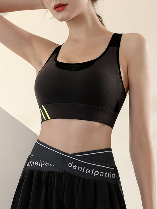 Color-Block Hollow Printed Wrap Spaghetti-Neck Sports Bra