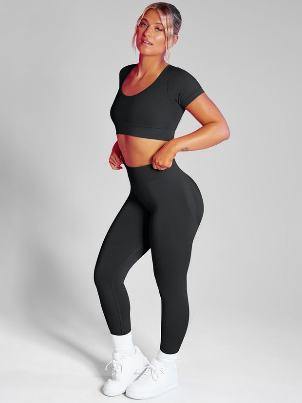 Solid Color Short Sleeves & Leggings Yoga Suit