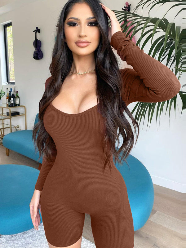 Long Sleeves Skinny Solid Color U-Neck Rompers