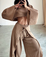 Casual slit tie cotton and linen two-piece set