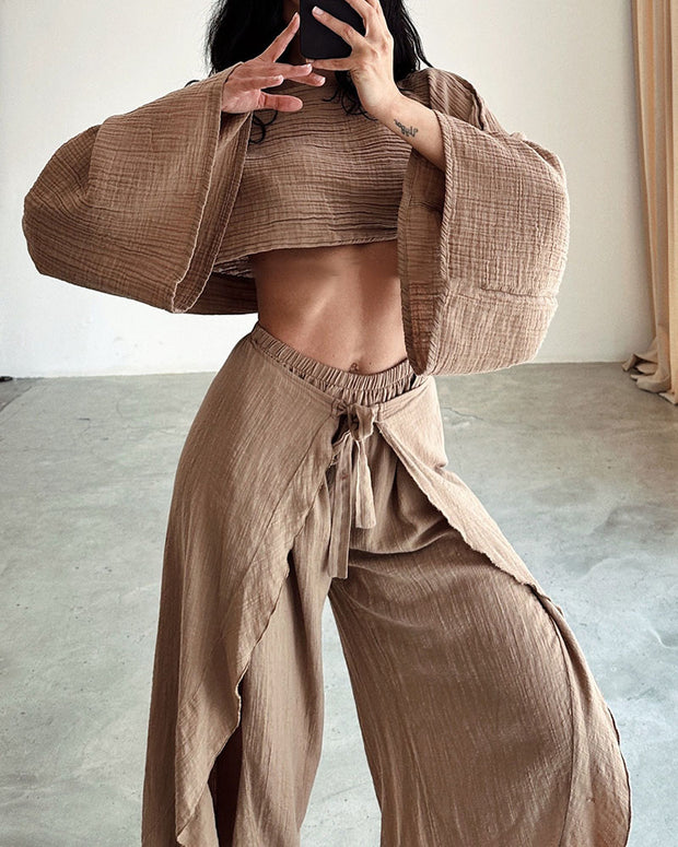 Casual slit tie cotton and linen two-piece set