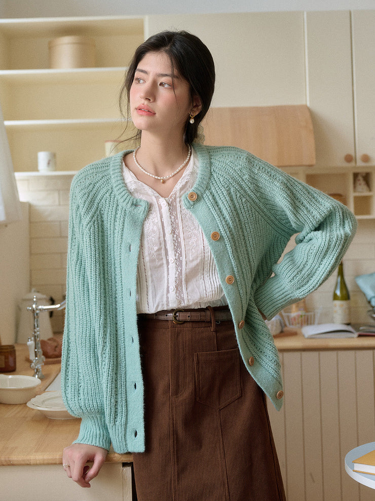 Destiny Round Neck Ribbed Wool Cardigan