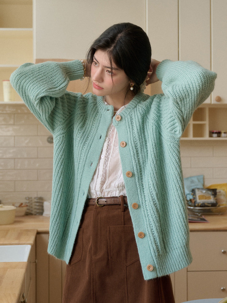 Destiny Round Neck Ribbed Wool Cardigan