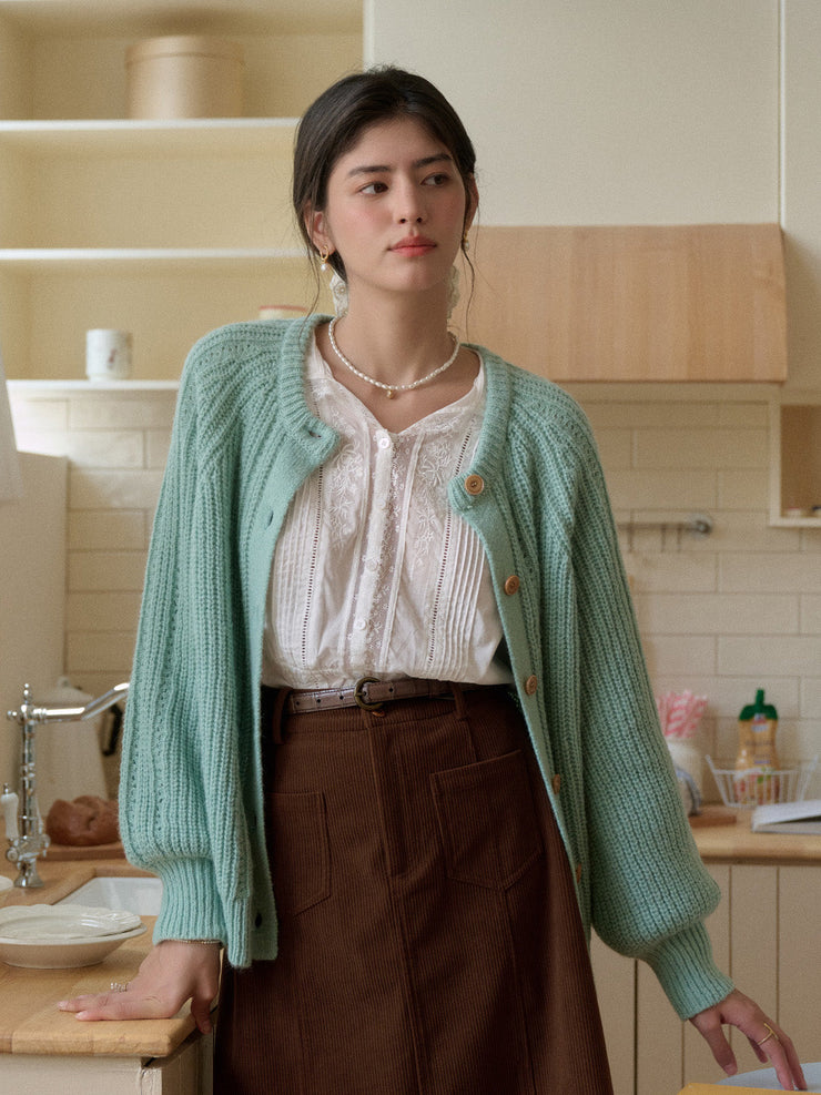 Destiny Round Neck Ribbed Wool Cardigan