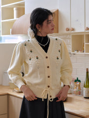 【Final Sale】Kira V-Neck Crochet Tie-Waist Wool Sweater