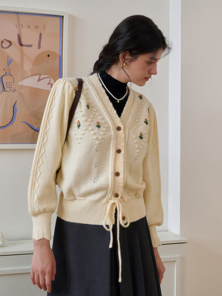 【Final Sale】Kira V-Neck Crochet Tie-Waist Wool Sweater