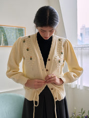 【Final Sale】Kira V-Neck Crochet Tie-Waist Wool Sweater