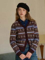 Scottie V-Neck Jacquard 100% Wool Cardigan