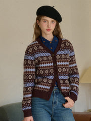 Scottie V-Neck Jacquard 100% Wool Cardigan