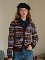 Scottie V-Neck Jacquard 100% Wool Cardigan