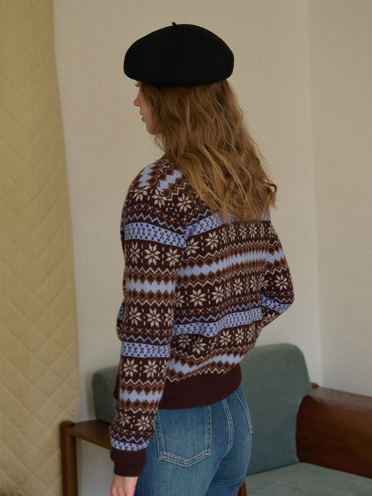 Scottie V-Neck Jacquard 100% Wool Cardigan