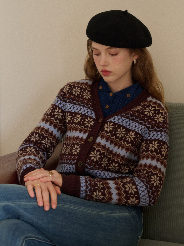 Scottie V-Neck Jacquard 100% Wool Cardigan