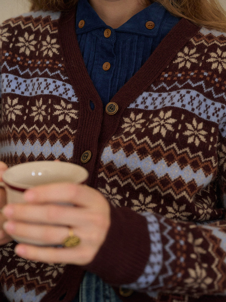 Scottie V-Neck Jacquard 100% Wool Cardigan