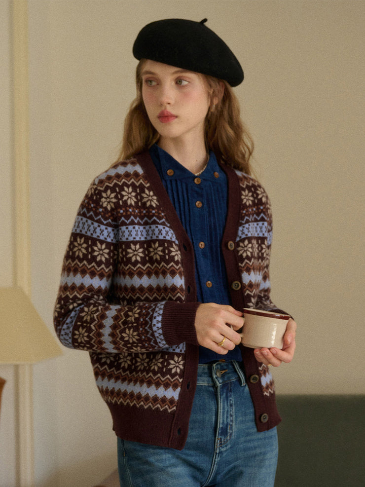 Scottie V-Neck Jacquard 100% Wool Cardigan