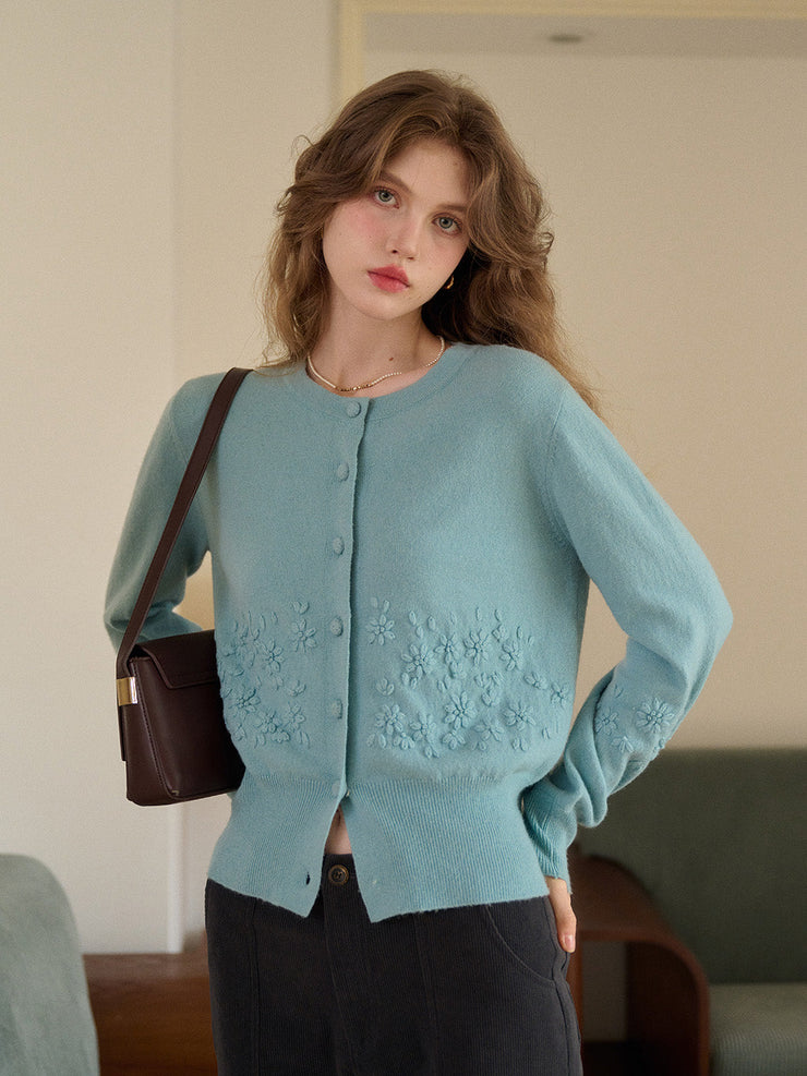 Lola Round Neck Embroidery Wool Cardigan