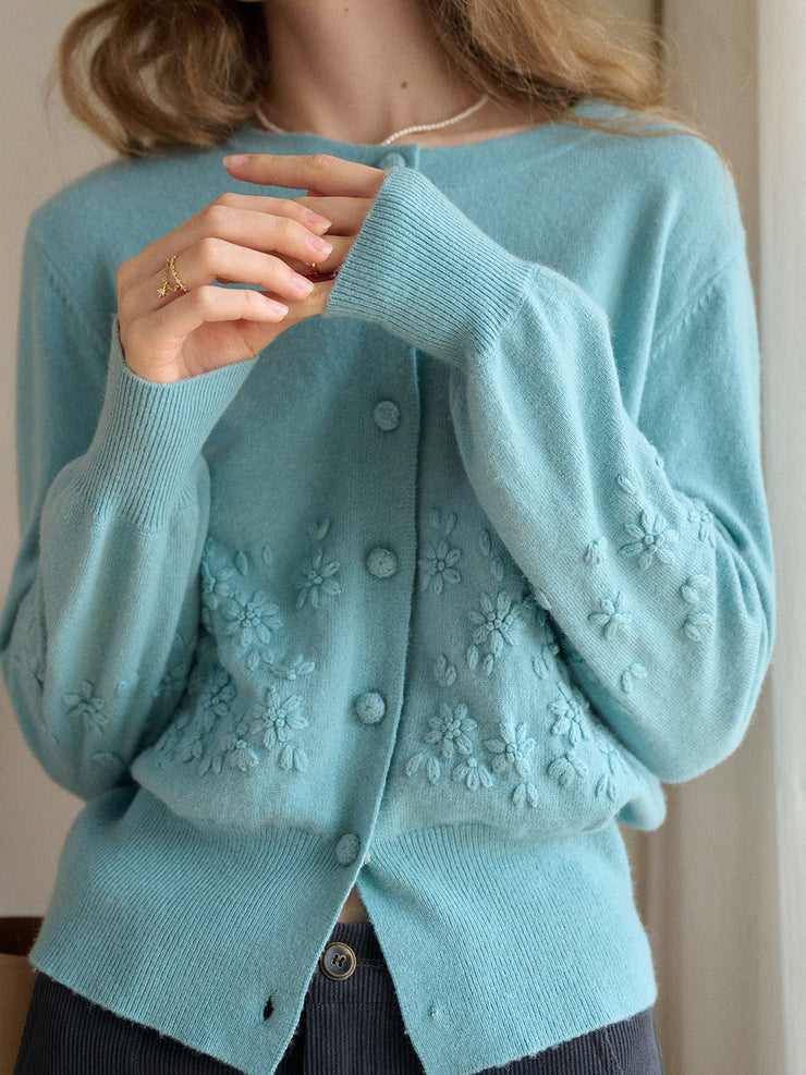 Lola Round Neck Embroidery Wool Cardigan
