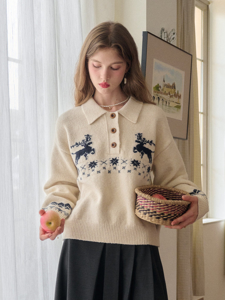 Violeta Polo Collar Jacquard Wool Sweater