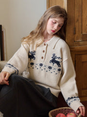 Violeta Polo Collar Jacquard Wool Sweater