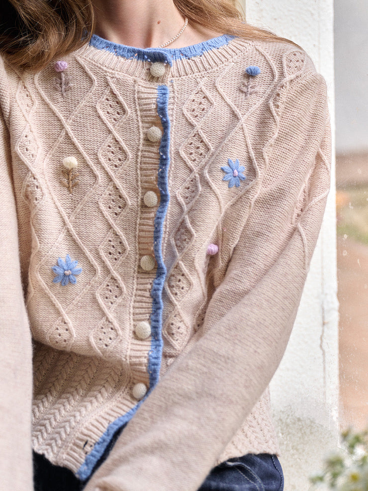 Marie Round Neck Crochet Wool Cardigan