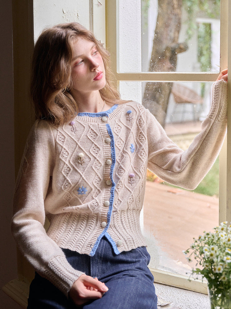 Marie Round Neck Crochet Wool Cardigan