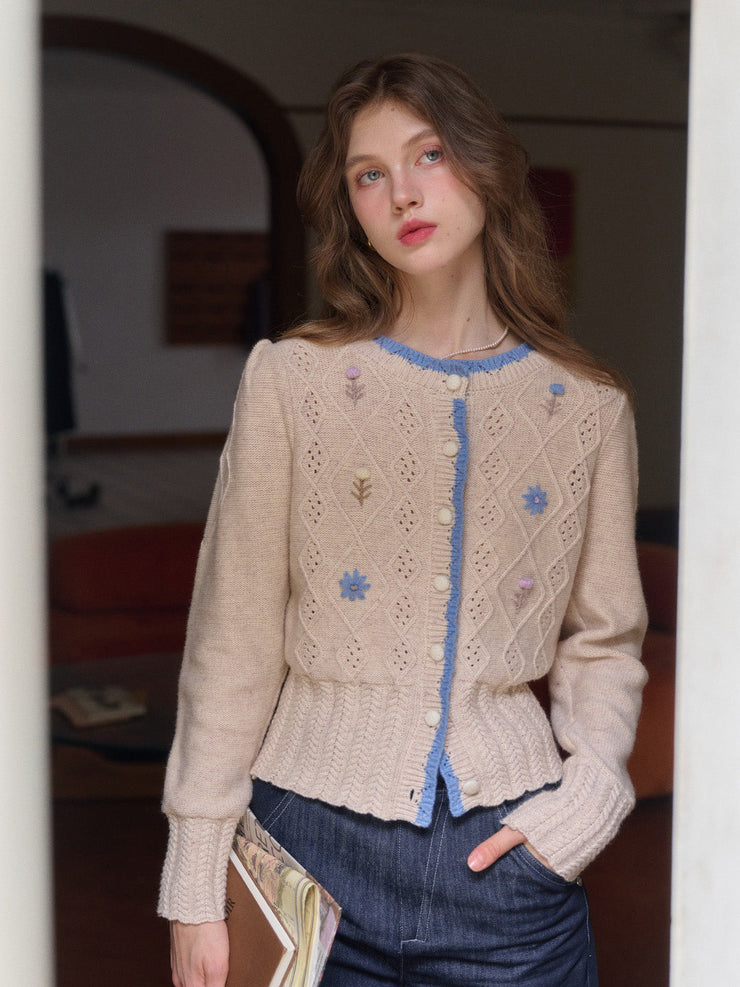 Marie Round Neck Crochet Wool Cardigan