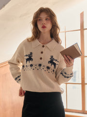 Violeta Polo Collar Jacquard Wool Sweater
