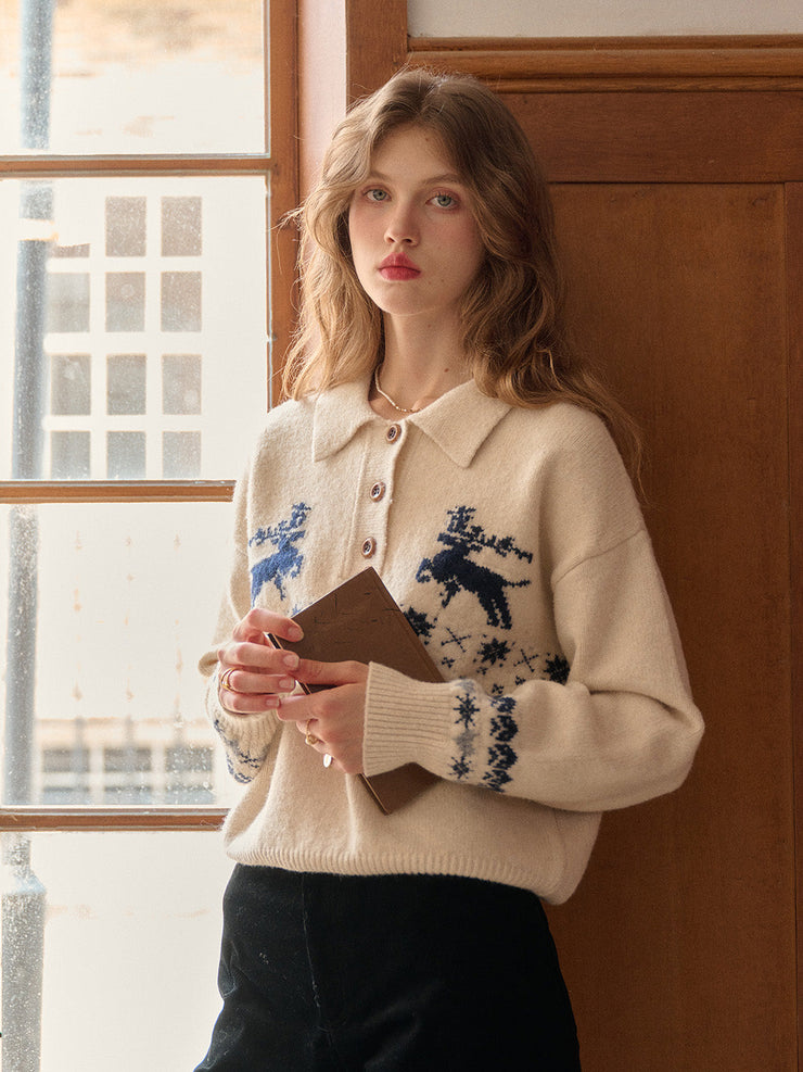 Violeta Polo Collar Jacquard Wool Sweater