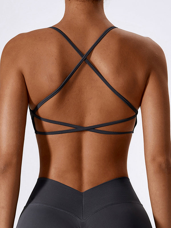 Wrap Back Cross Hollow Solid Color U-Neck Sports Bra