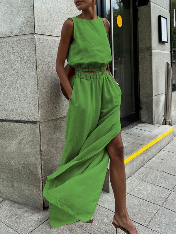 Casual Solid Color Sleeveless Top and Wide Leg Pants Set