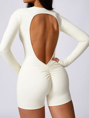 Long Sleeves Skinny Backless Solid Color Round-Neck Sports Rompers