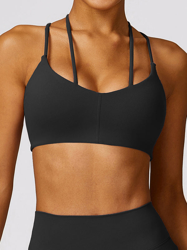 Wrap Hollow Solid Color Spaghetti-Neck Sports Bra