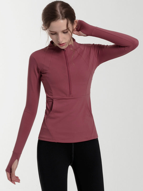 Solid Color Breathable Quick-Dry Zipper Collar Long Sleeves Wrap Sport Tee